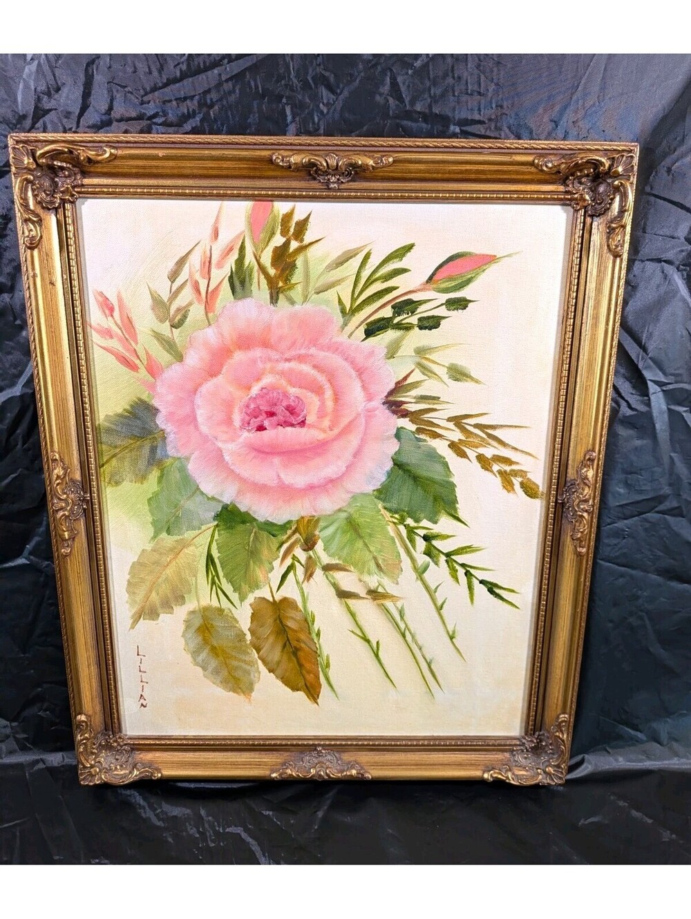 Lillian framed signed floral rose still life painting on canvas 16x20